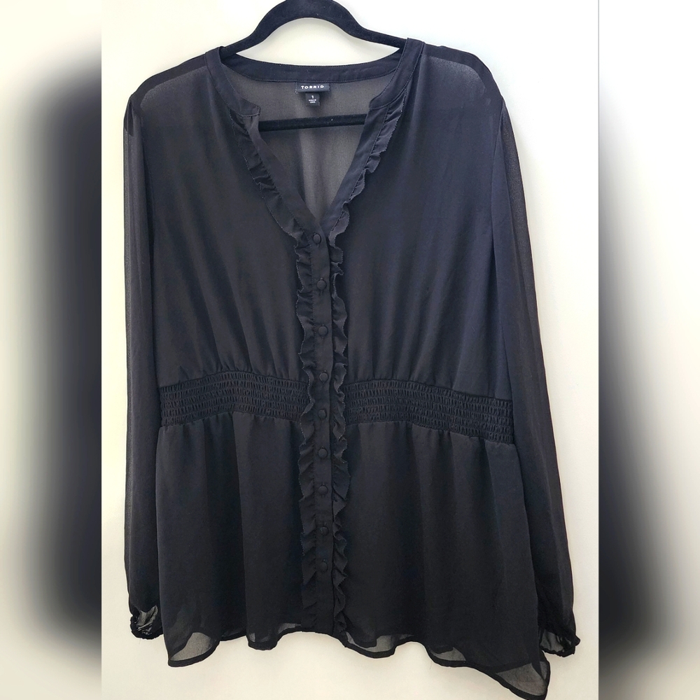 Torrid Black Sheer Ruffle‎ Button Up Blouse Elastic Empire Waist V Neck